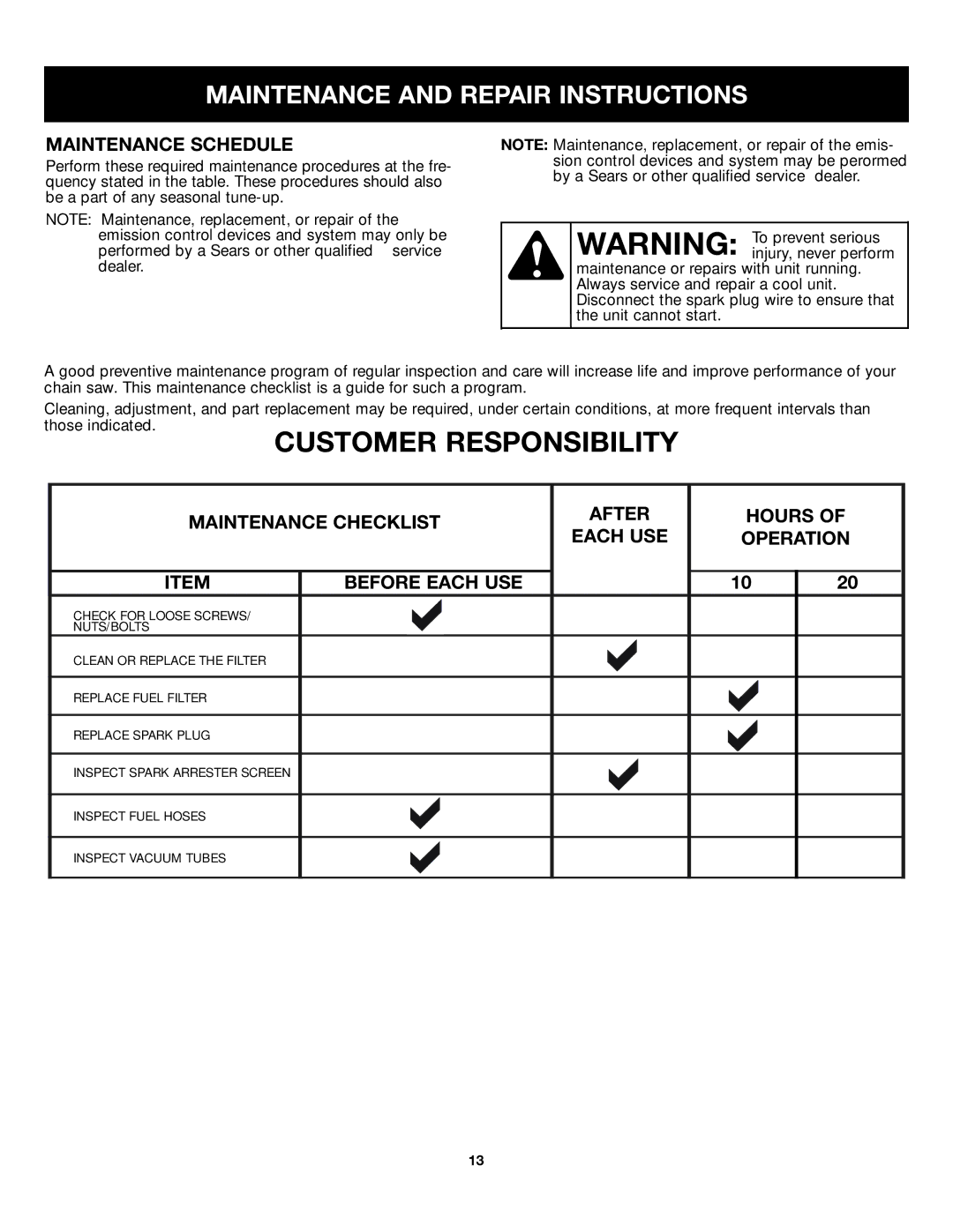 Craftsman 316.79499 manual Maintenance and Repair Instructions, Maintenance Schedule, Maintenance Checklist, Hours 