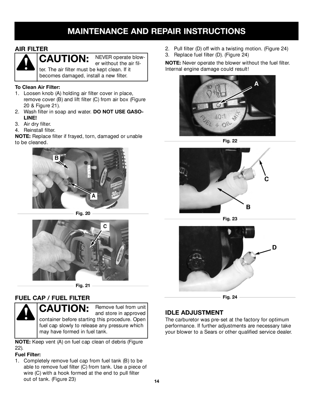 Craftsman 316.79499 manual AIR Filter, Fuel CAP / Fuel Filter, Idle Adjustment 