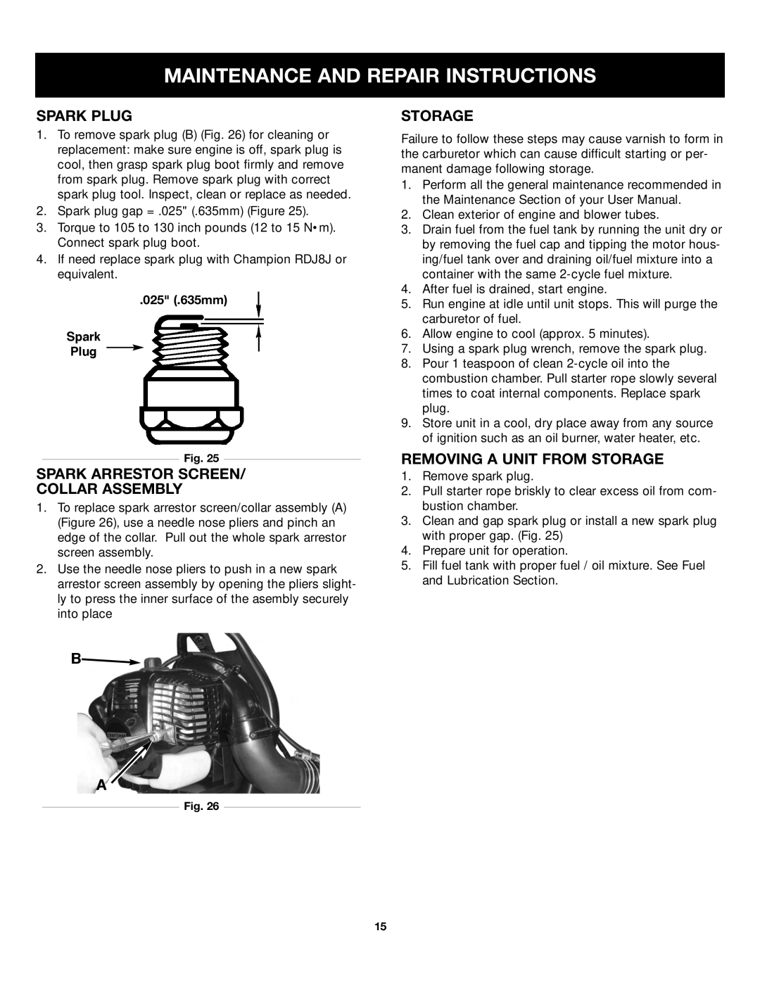 Craftsman 316.79499 manual Spark Plug, Spark Arrestor Screen Collar Assembly, Removing a Unit from Storage 