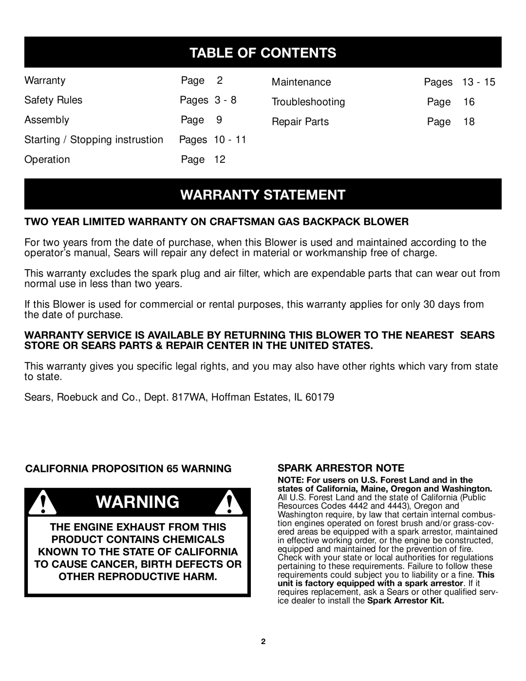 Craftsman 316.79499 manual Table of Contents, Warranty Statement 