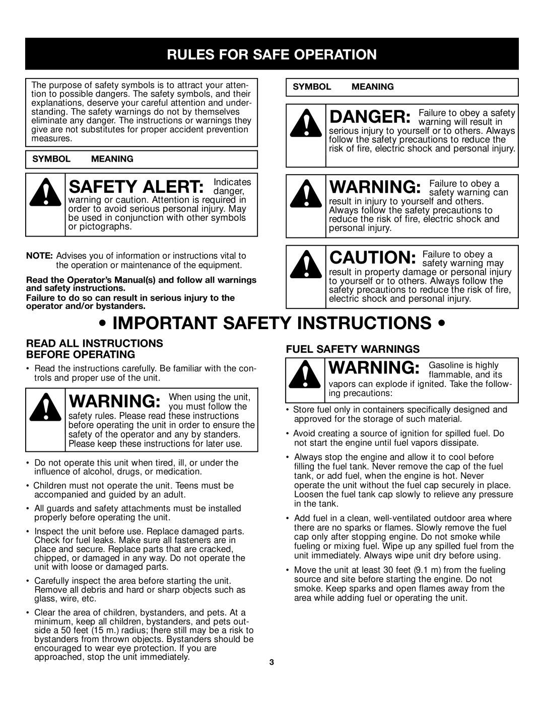 Craftsman 316.79499 manual Rules for Safe Operation, Read ALL Instructions Before Operating, Fuel Safety Warnings 