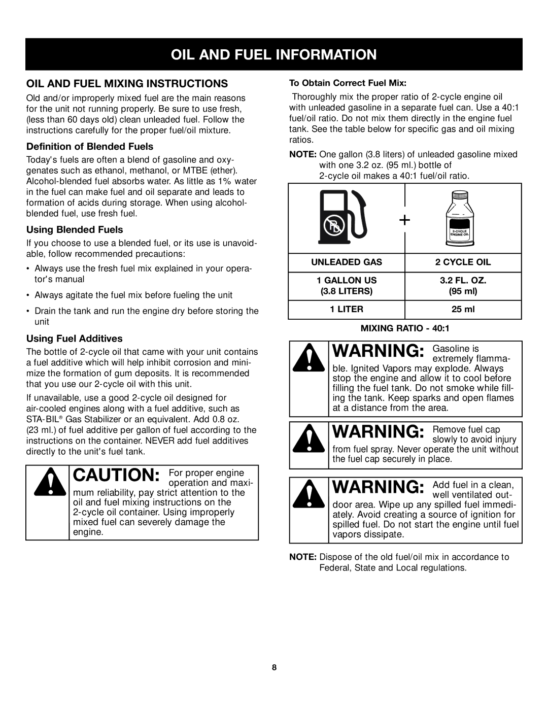 Craftsman 316.79499 manual OIL and Fuel Information, OIL and Fuel Mixing Instructions 