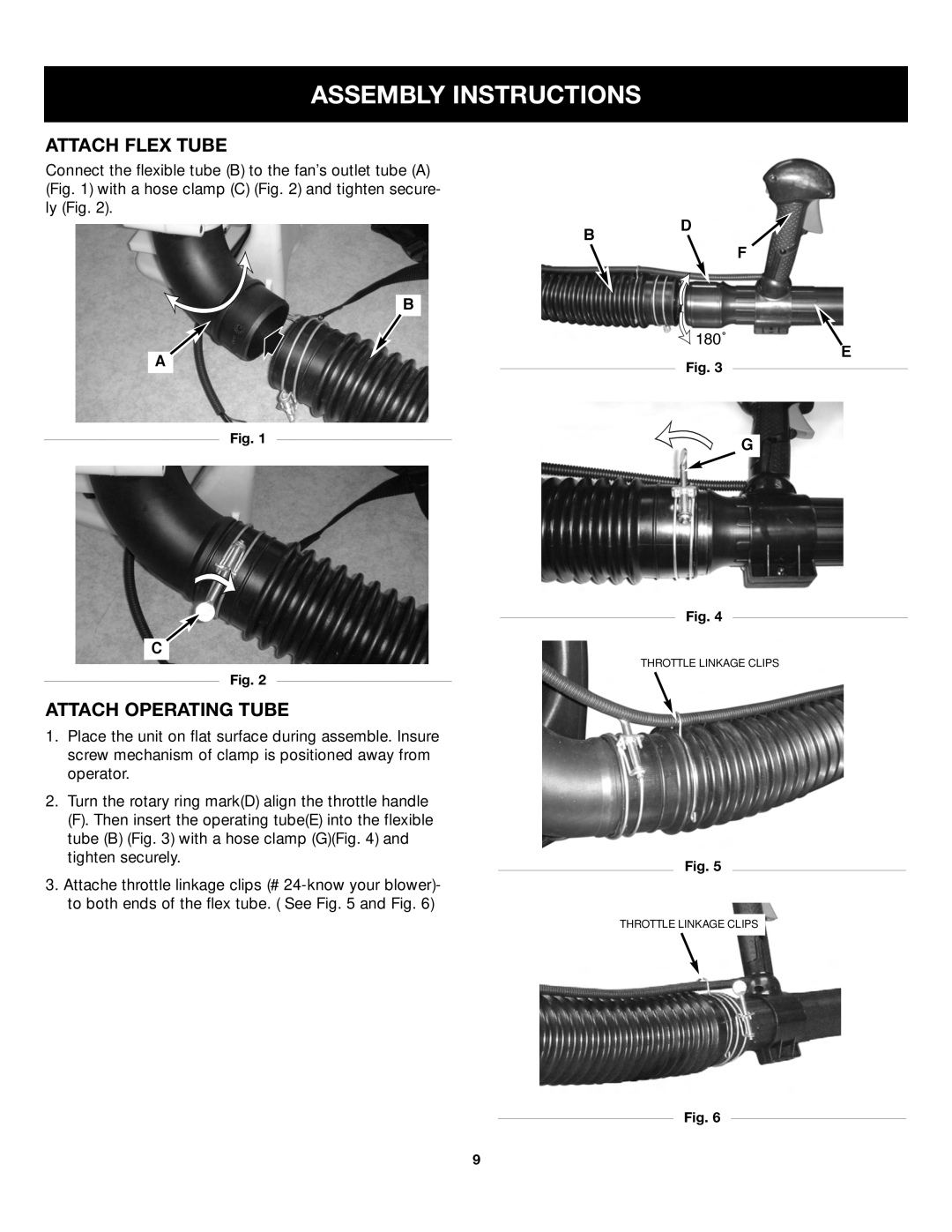Craftsman 316.79499 manual Assembly Instructions, Attach Flex Tube, Attach Operating Tube, 180˚ 