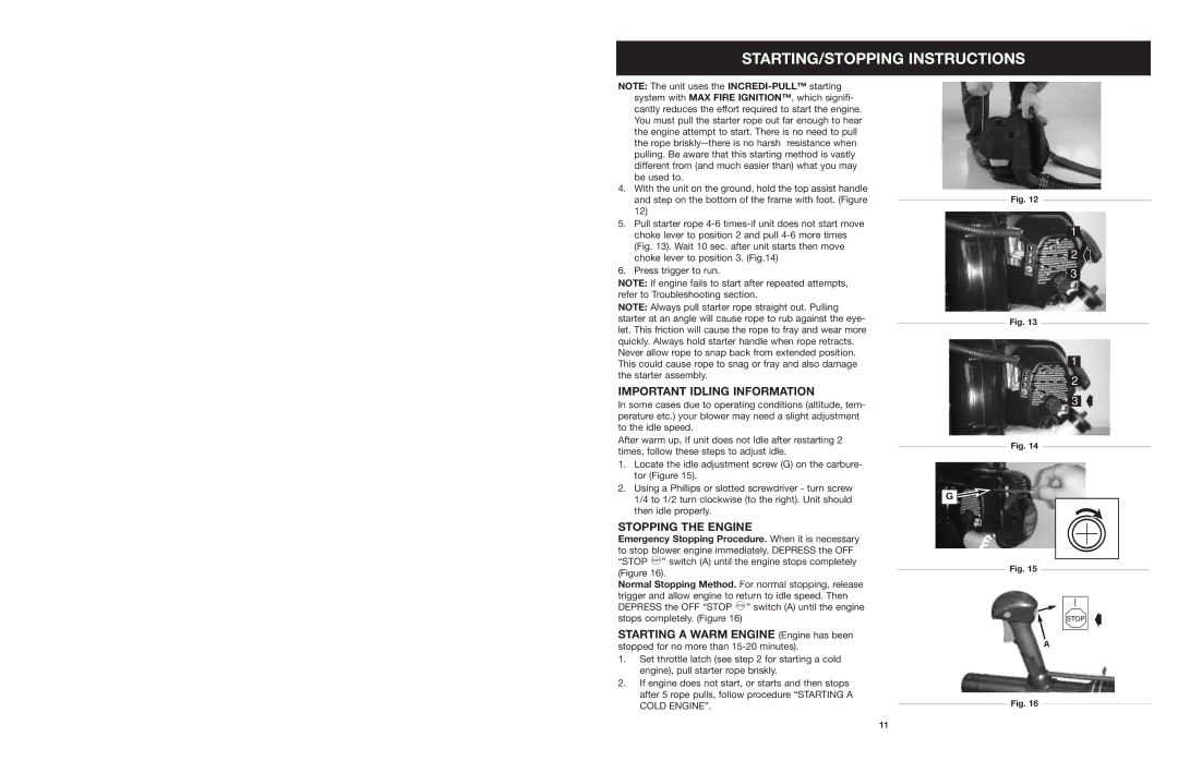 Craftsman 316.794991 manual Important Idling Information, Stopping the Engine 