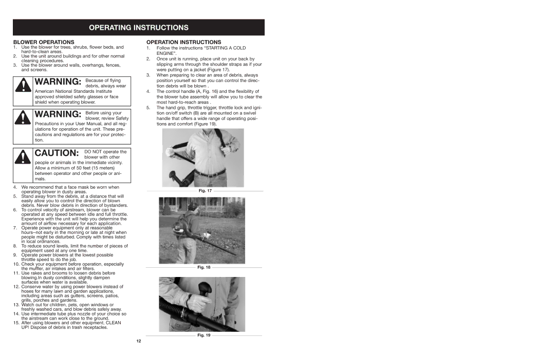 Craftsman 316.794991 manual Operating Instructions, Blower Operations, Operation Instructions 