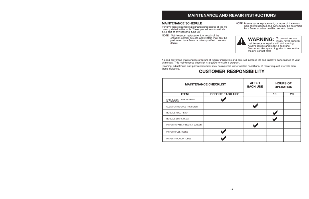 Craftsman 316.794991 manual Maintenance and Repair Instructions, Maintenance Schedule, Maintenance Checklist, Hours 