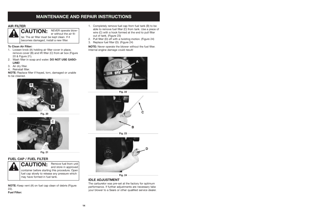 Craftsman 316.794991 manual AIR Filter, Fuel CAP / Fuel Filter, Idle Adjustment 
