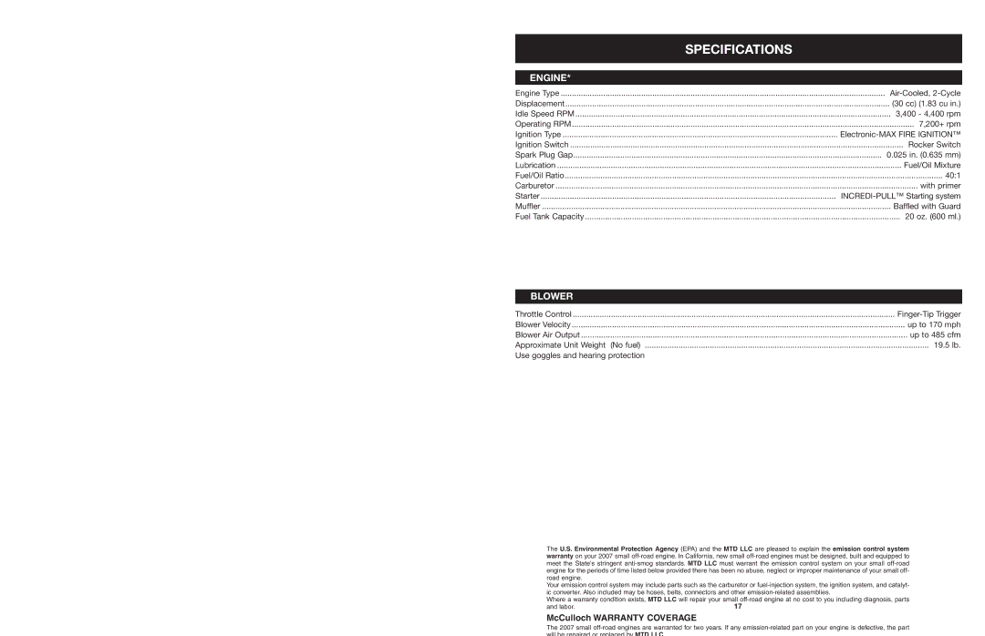 Craftsman 316.794991 manual Specifications, Engine, Blower 