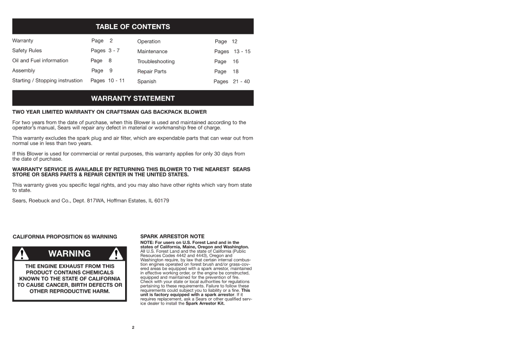 Craftsman 316.794991 manual Table of Contents, Warranty Statement 