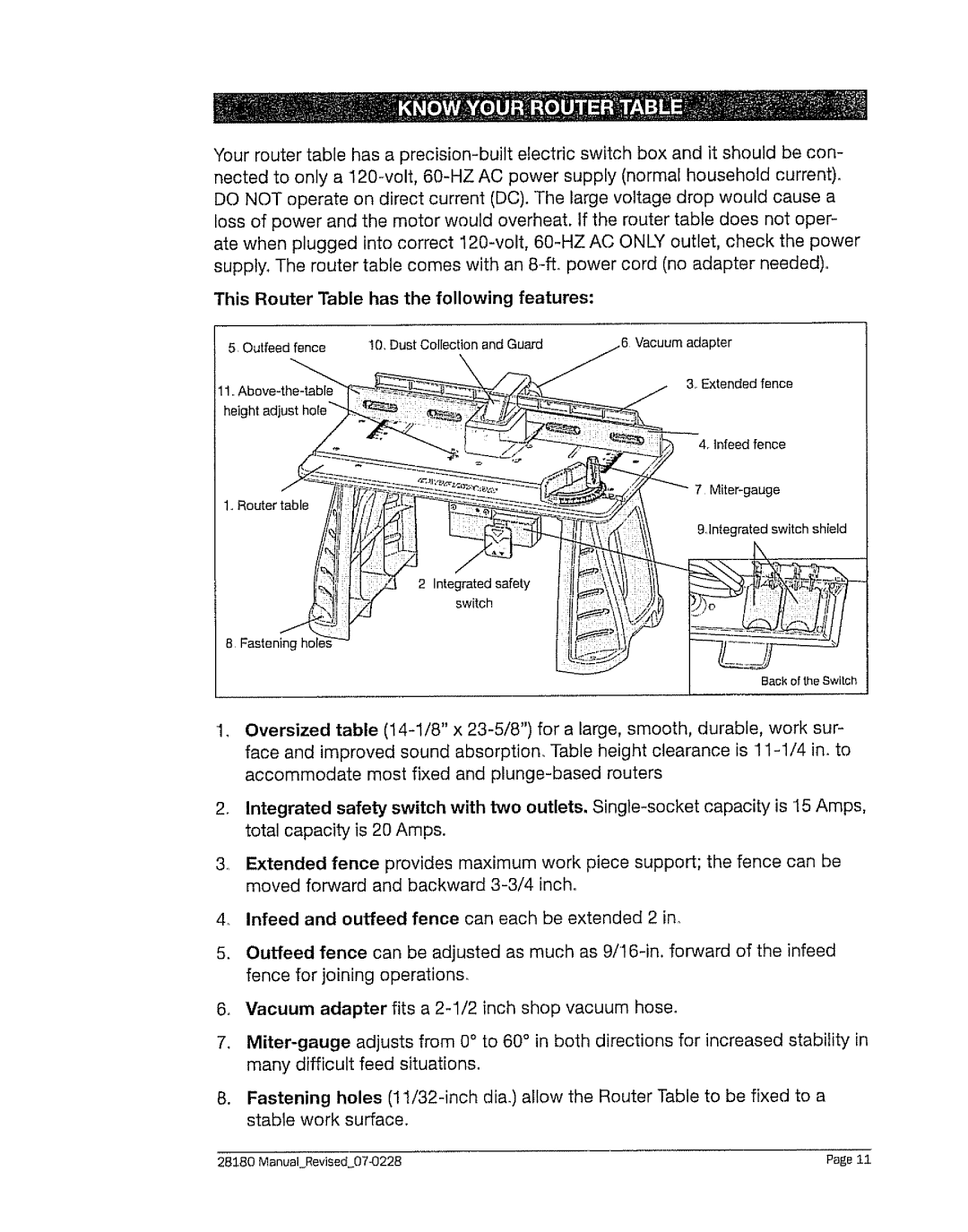 Craftsman 320. 28180 operating instructions This Router Table has the following features 