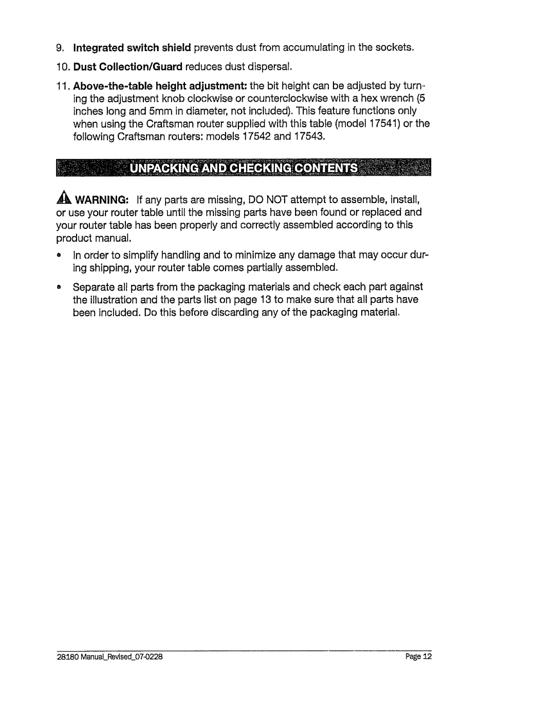 Craftsman 320. 28180 operating instructions ManualRevised07-0228 Page12 