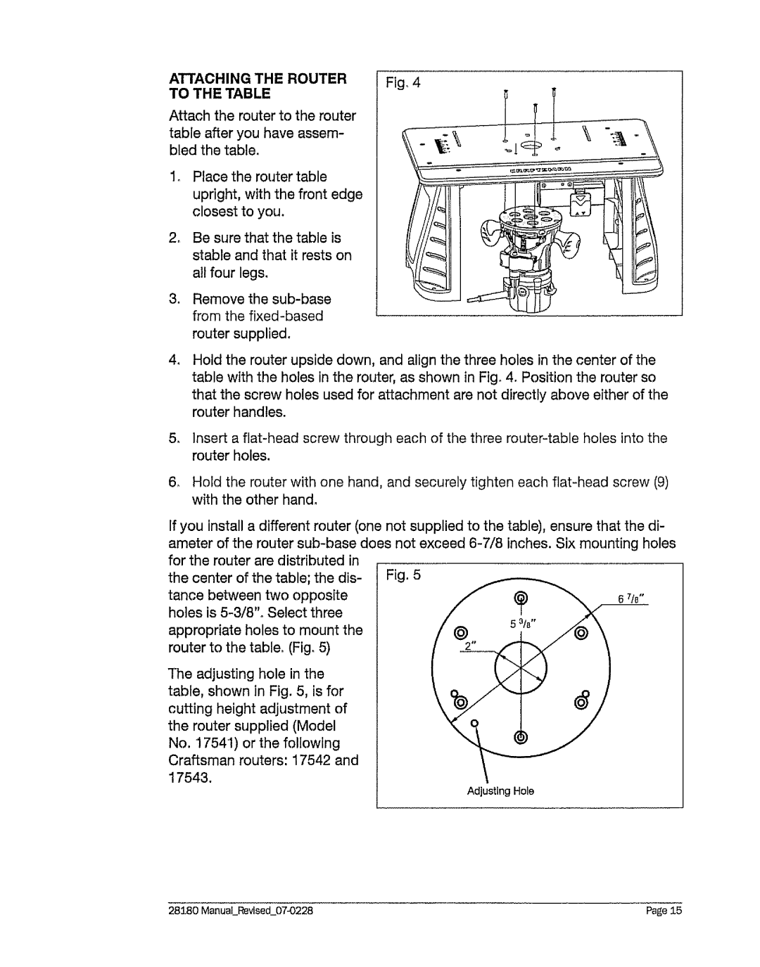 Craftsman 320. 28180 operating instructions Attaching the Router Fig, To the Table 