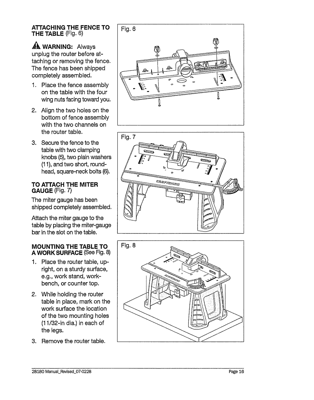 Craftsman 320. 28180 Attaching the Fence to the Table Fig, Mounting the Table to a Work Surface See Fig 