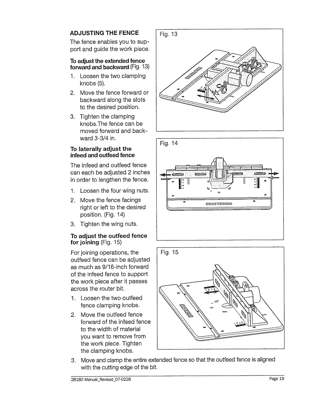 Craftsman 320. 28180 operating instructions Adjusting the Fence, To adjust the extended fence forward and backward Fig 