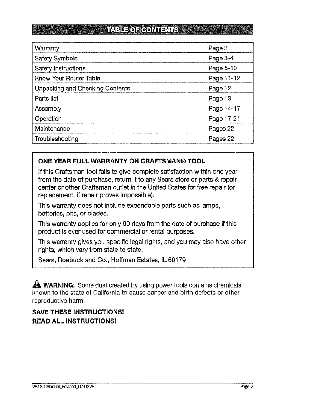 Craftsman 320. 28180 operating instructions ONE Year Full Warranty on Craftsman Tool, Read ALL Instructionsi 