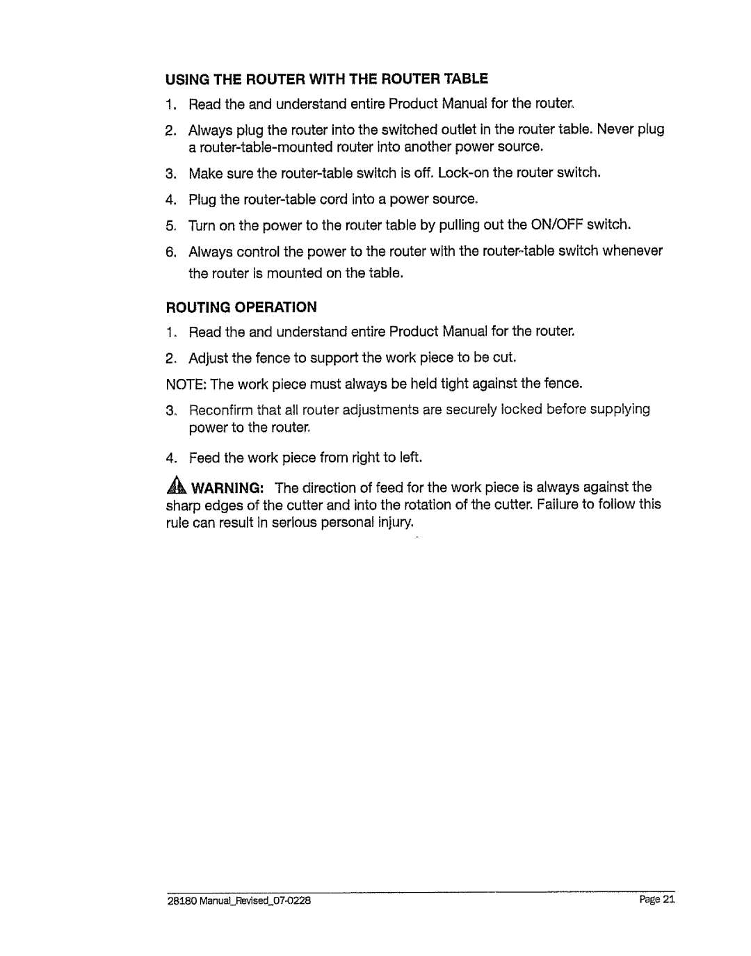 Craftsman 320. 28180 operating instructions Using the Router with the Router Table, Routing Operation 