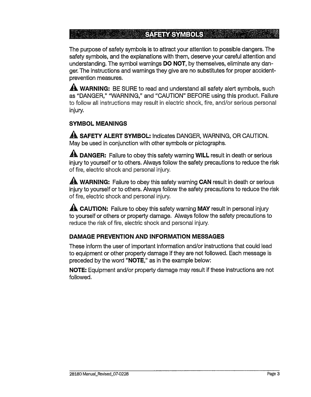 Craftsman 320. 28180 operating instructions Symbol Meanings, Damage Prevention and Information Messages 