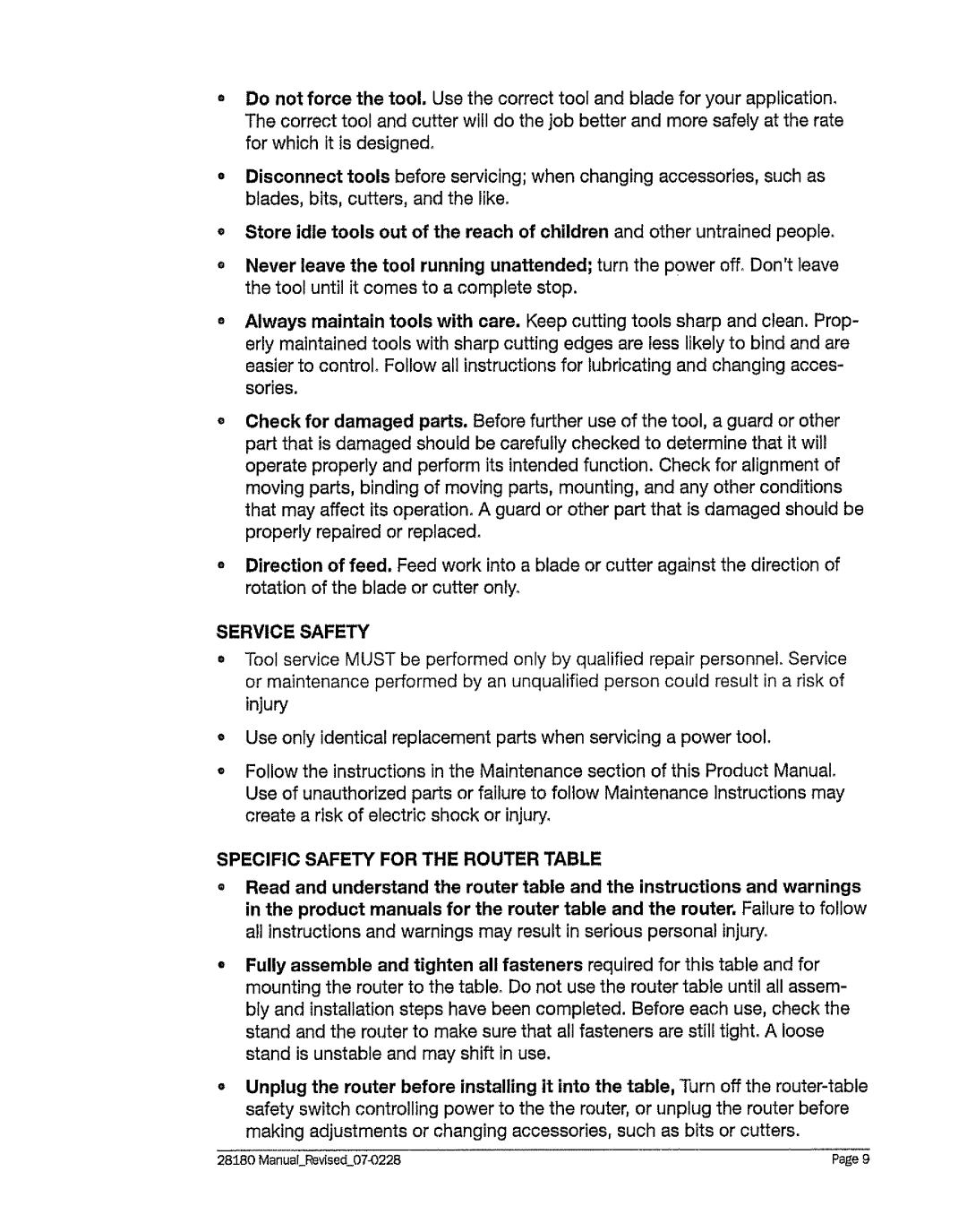 Craftsman 320. 28180 operating instructions Service Safety, Specific Safety for the Router Table 