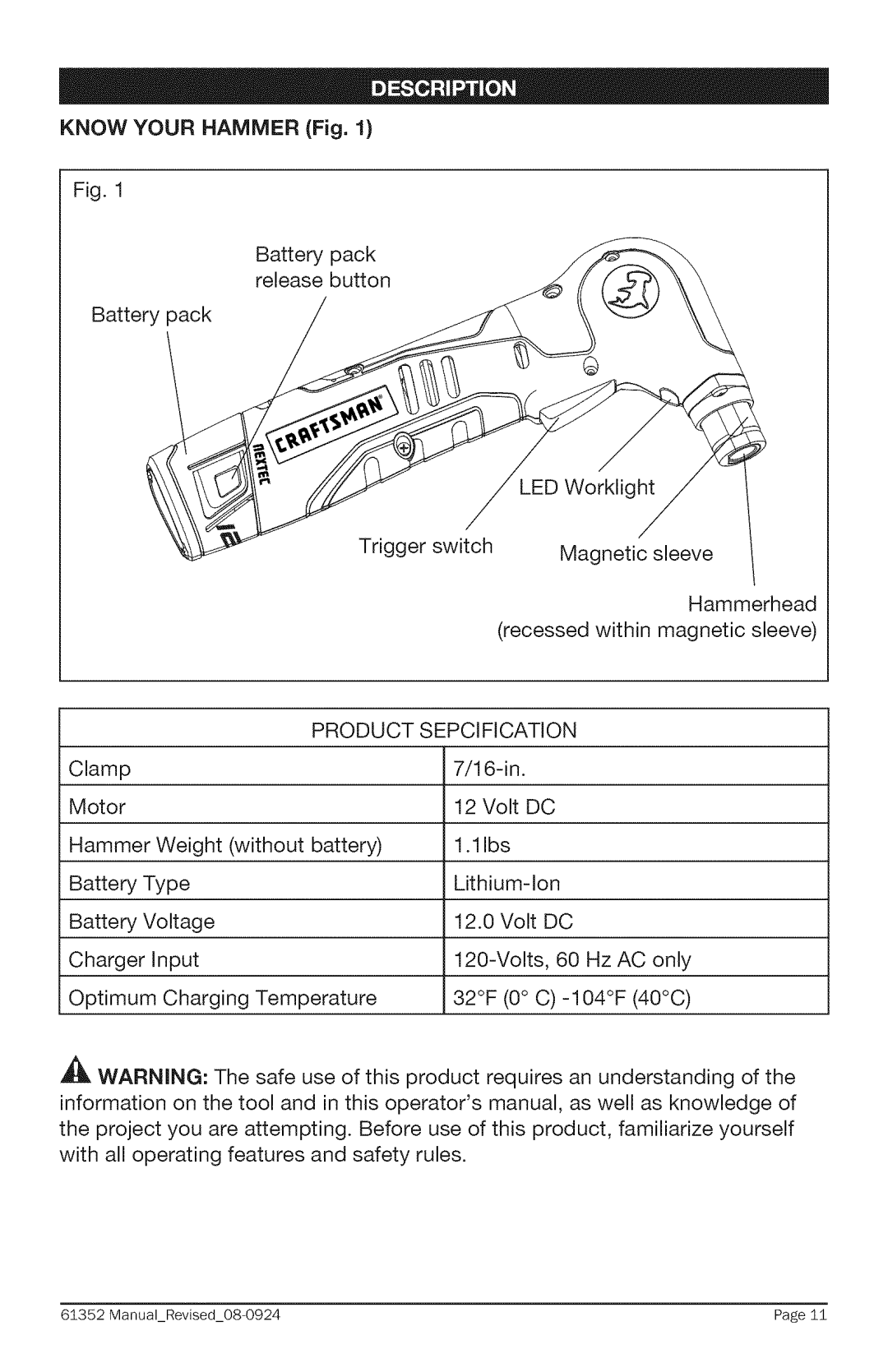 Craftsman 320. 61352 warranty Know Your Hammer Fig, Product Sepcification 