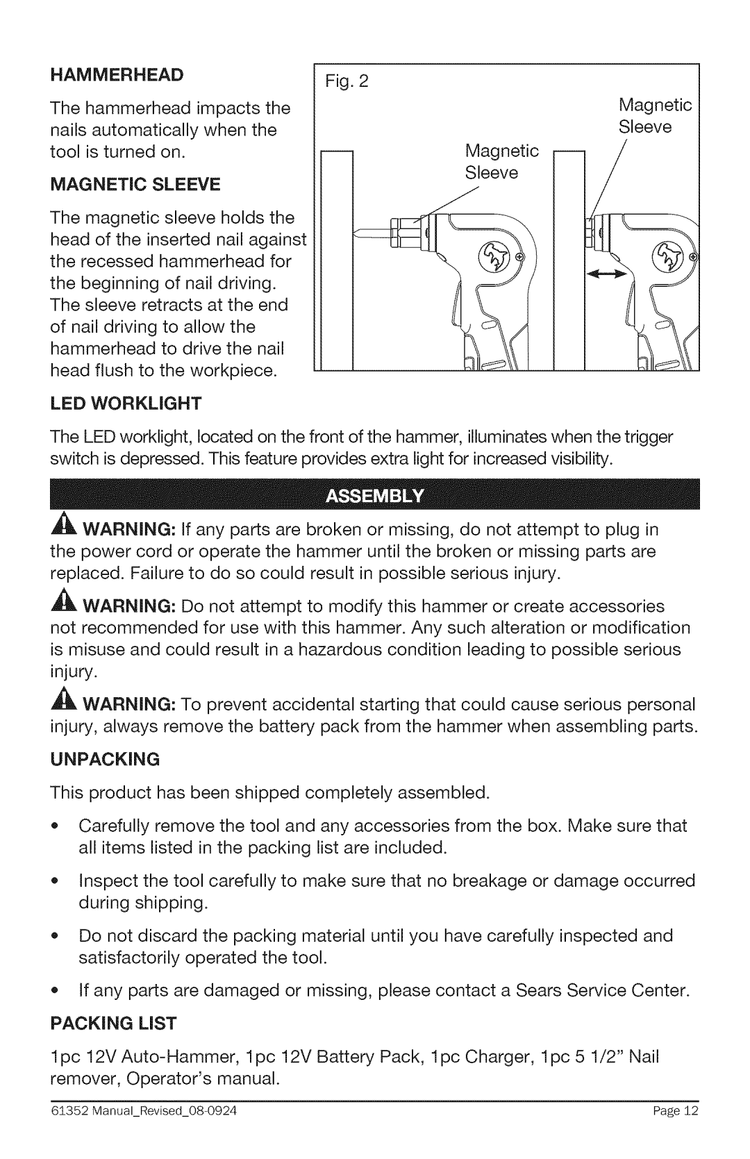 Craftsman 320. 61352 warranty Magnetic Sleeve, Packing List 