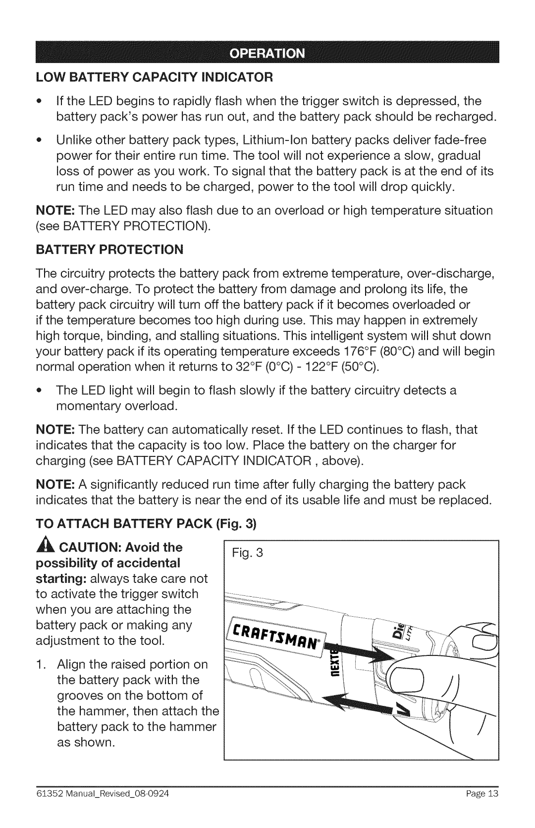 Craftsman 320. 61352 warranty Battery Protection, To Attach Battery Pack Fig 