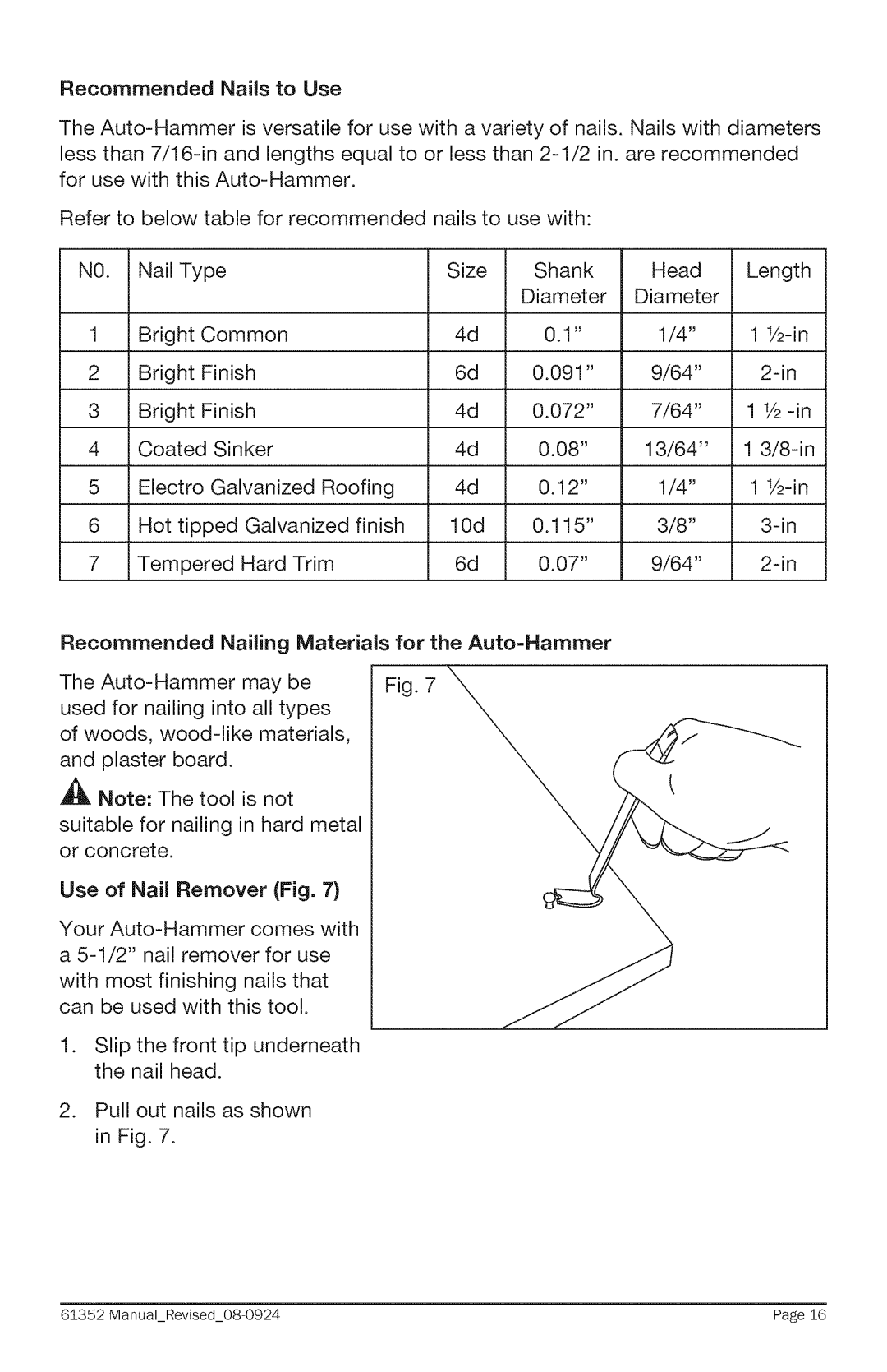 Craftsman 320. 61352 warranty Recommended Nails to Use, Materials for the Auto-Hammer 