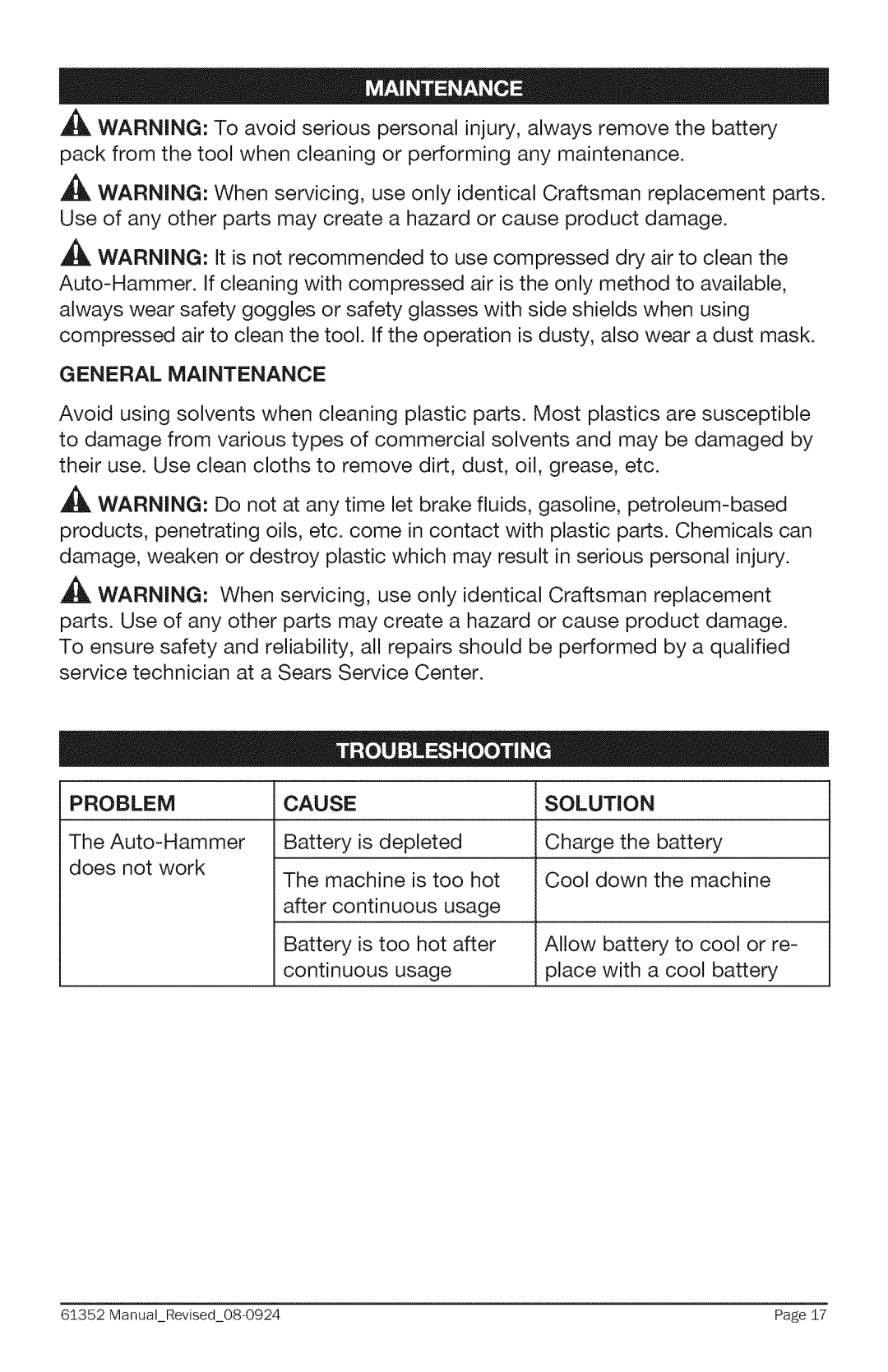 Craftsman 320. 61352 warranty General Maintenance, Problem, Cause Solution 