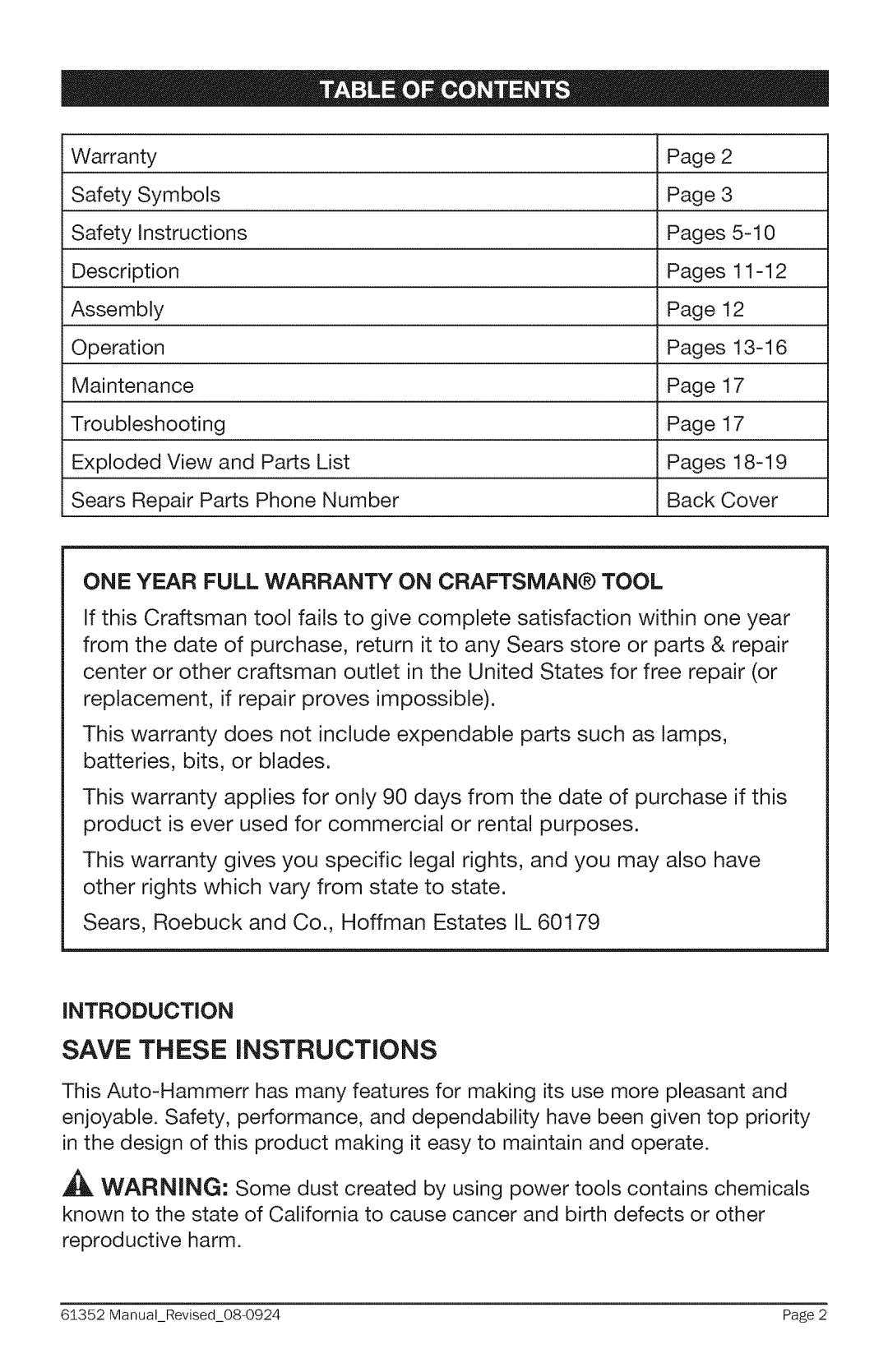 Craftsman 320. 61352 warranty ONE Year Full Warranty on Craftsman Tool 