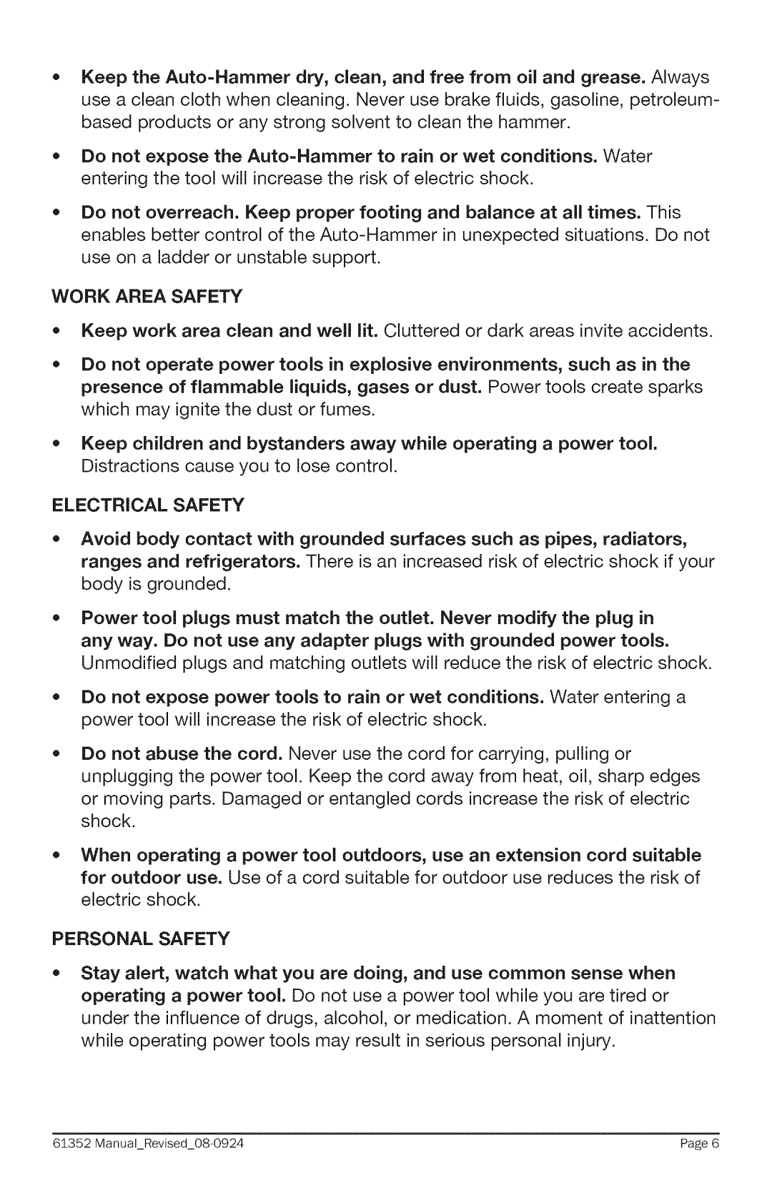 Craftsman 320. 61352 warranty Work Area Safety, Personal Safety 