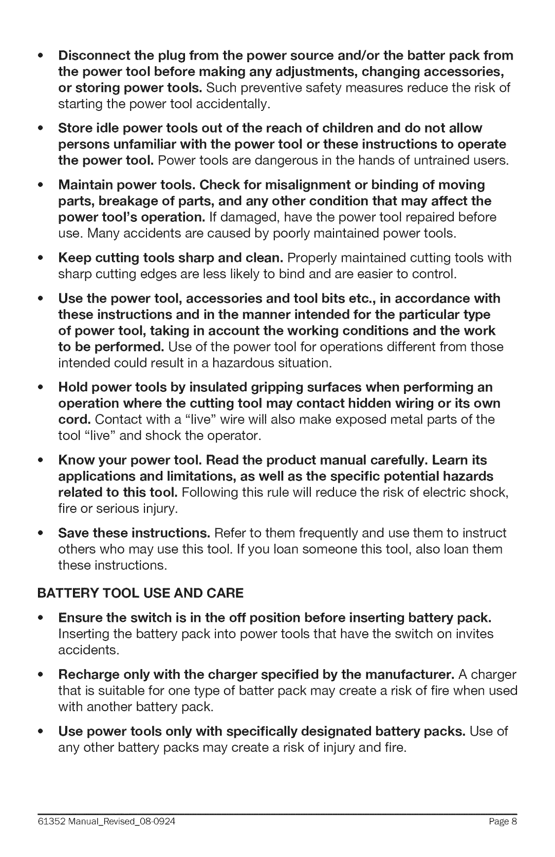 Craftsman 320. 61352 warranty Battery Tool USE and Care 