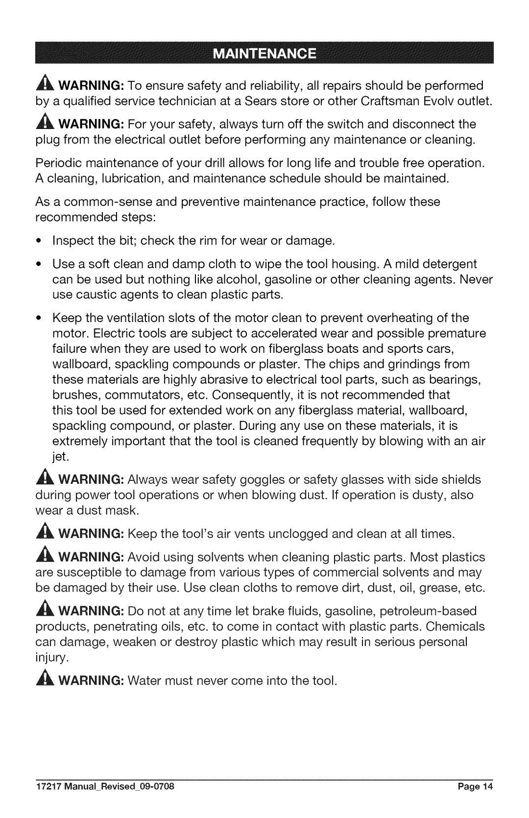 Craftsman 320.17217 warranty Manual Revised 