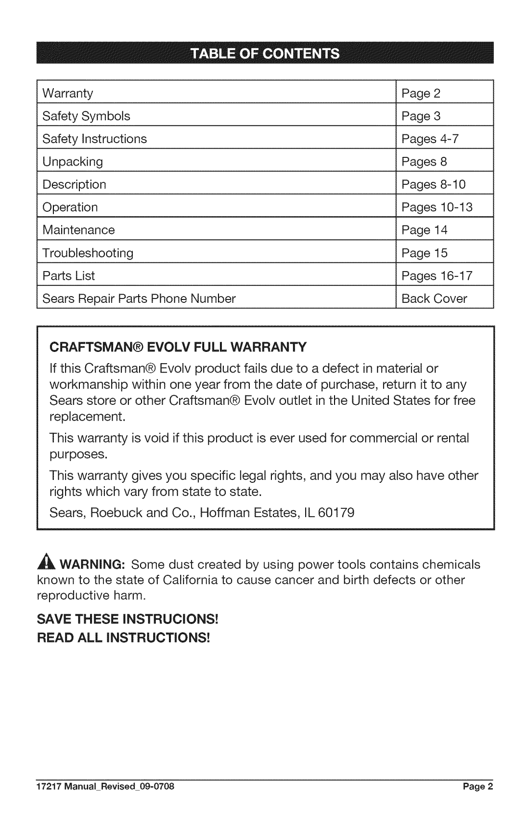 Craftsman 320.17217 warranty CRAFTSMAN@ Evolv Full Warranty, Save These Instrucions 