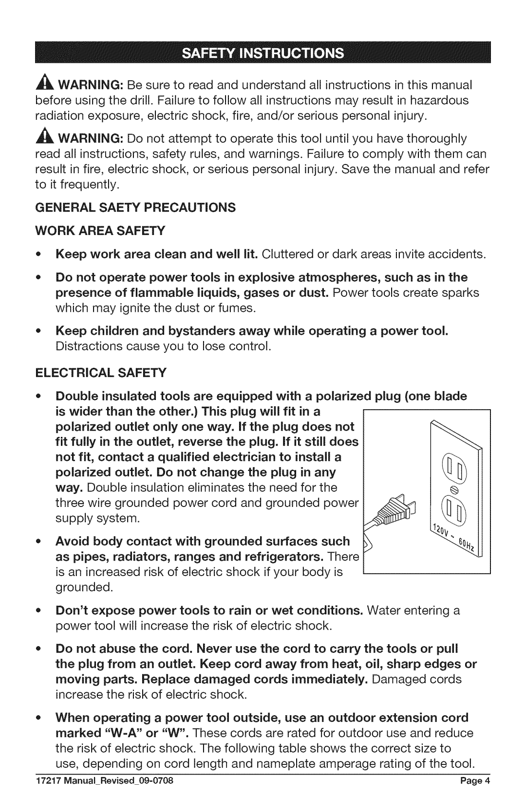 Craftsman 320.17217 warranty Work Area Safety, Electrical Safety, Generalsaetyprecautions 