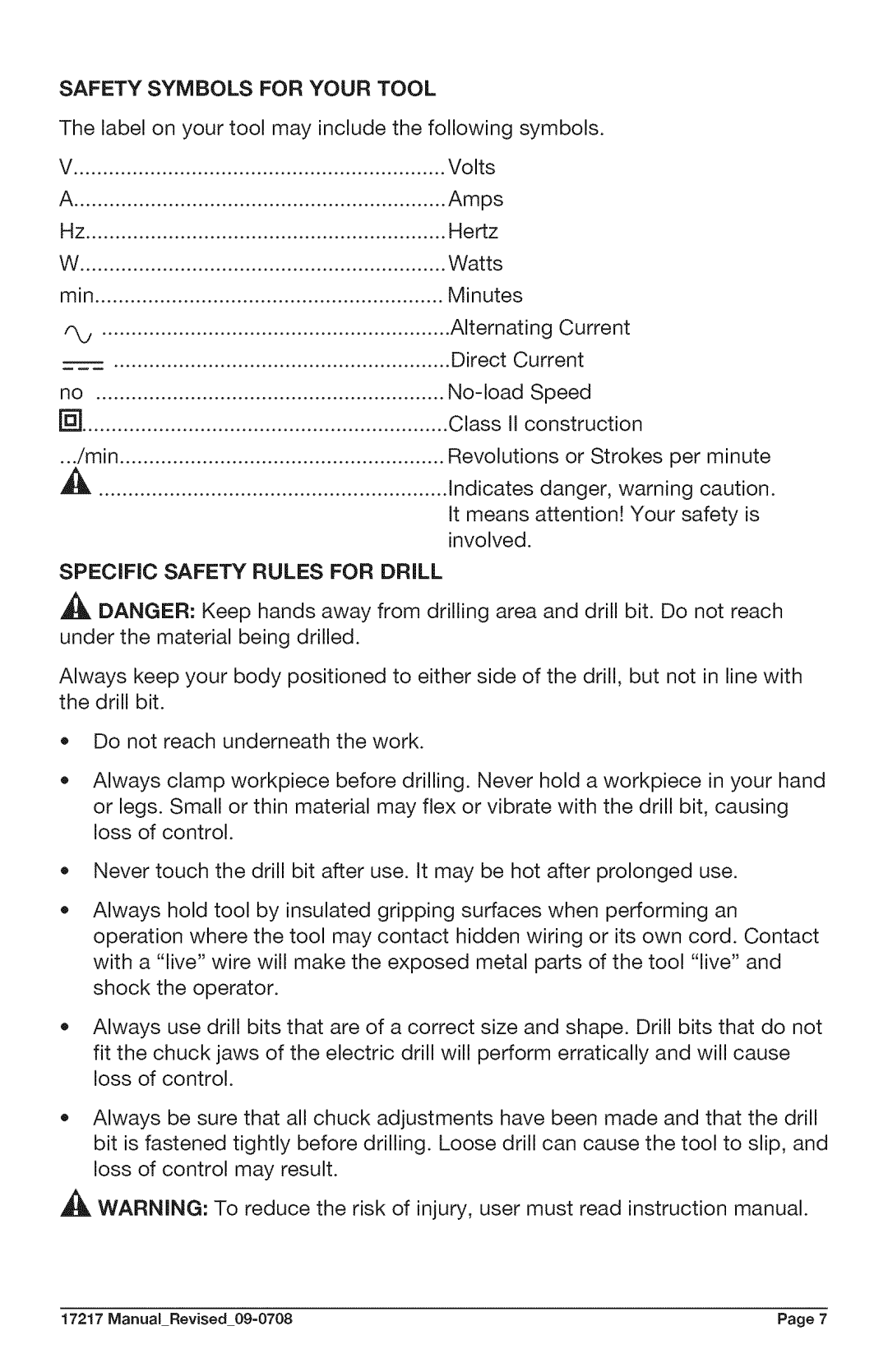 Craftsman 320.17217 warranty Safety Symbols for Your Tool, SPECiFiC Safety Rules for Drill 