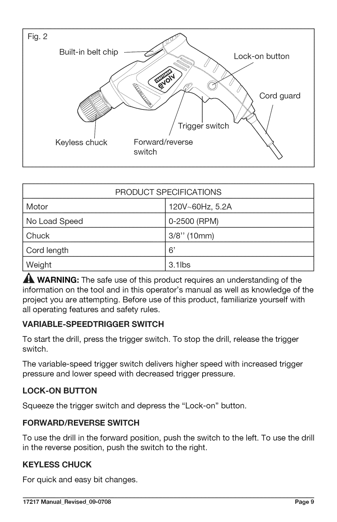 Craftsman 320.17217 warranty Keyless Chuck, Product Specifications, Rpm, FORWARD/REVERSE Switch 