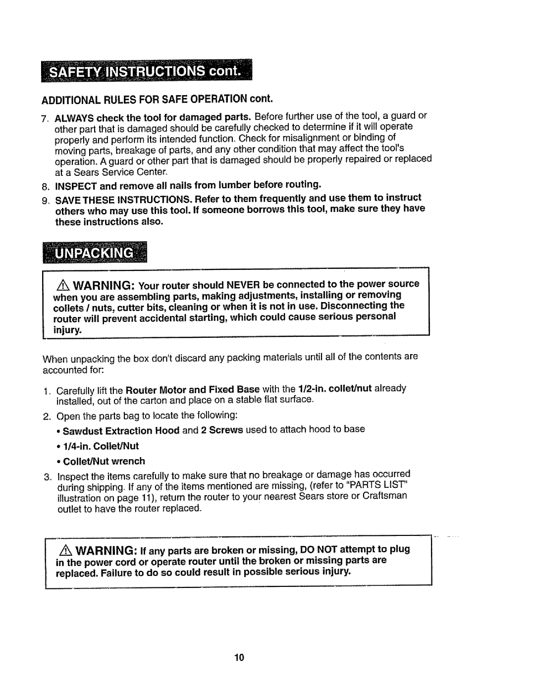 Craftsman 320.17541 operating instructions Additional Rules for Safe Operation, In. Collet/Nut Collet/Nut wrench 