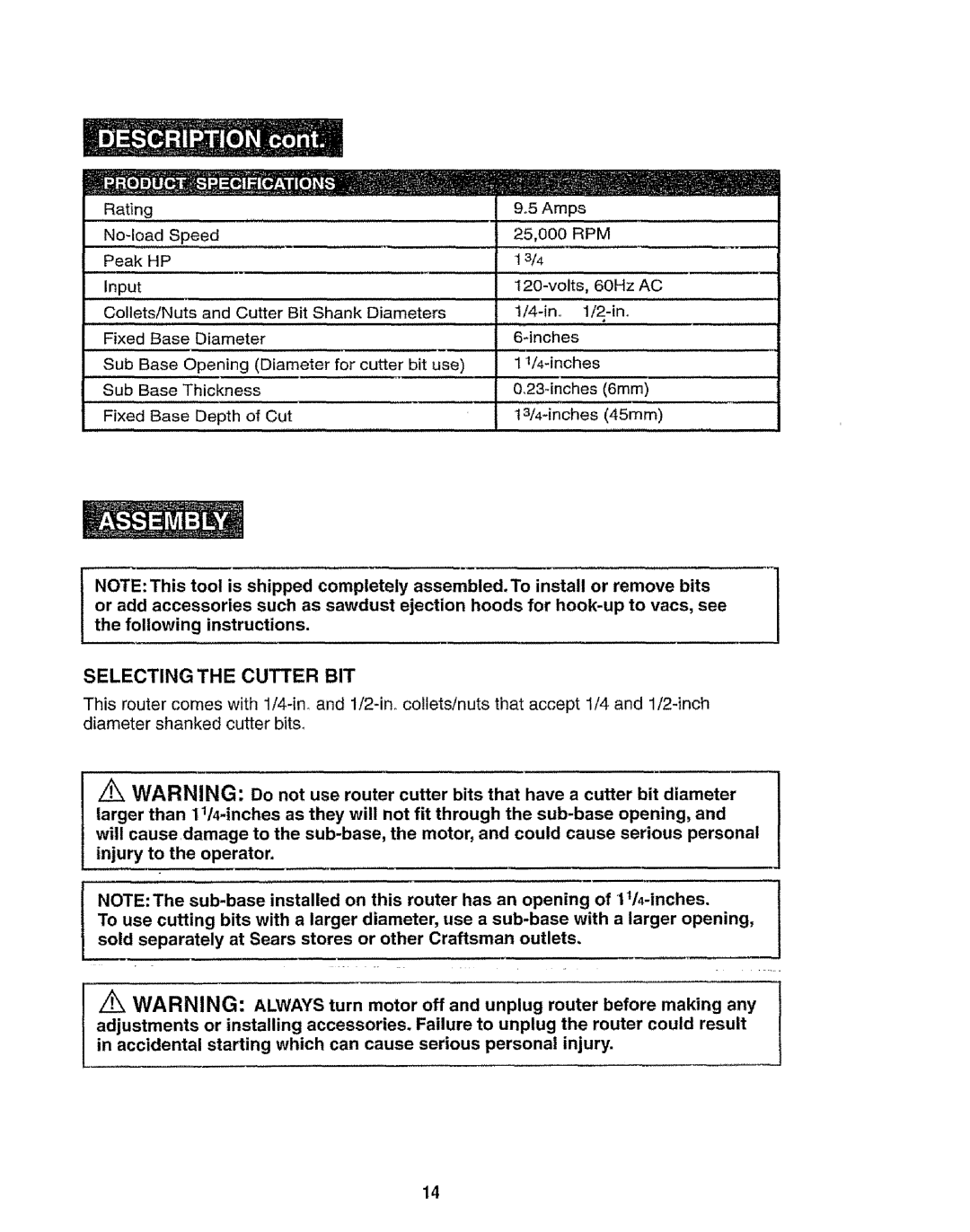 Craftsman 320.17541 operating instructions Selecting the Cutter BIT, Rpm 