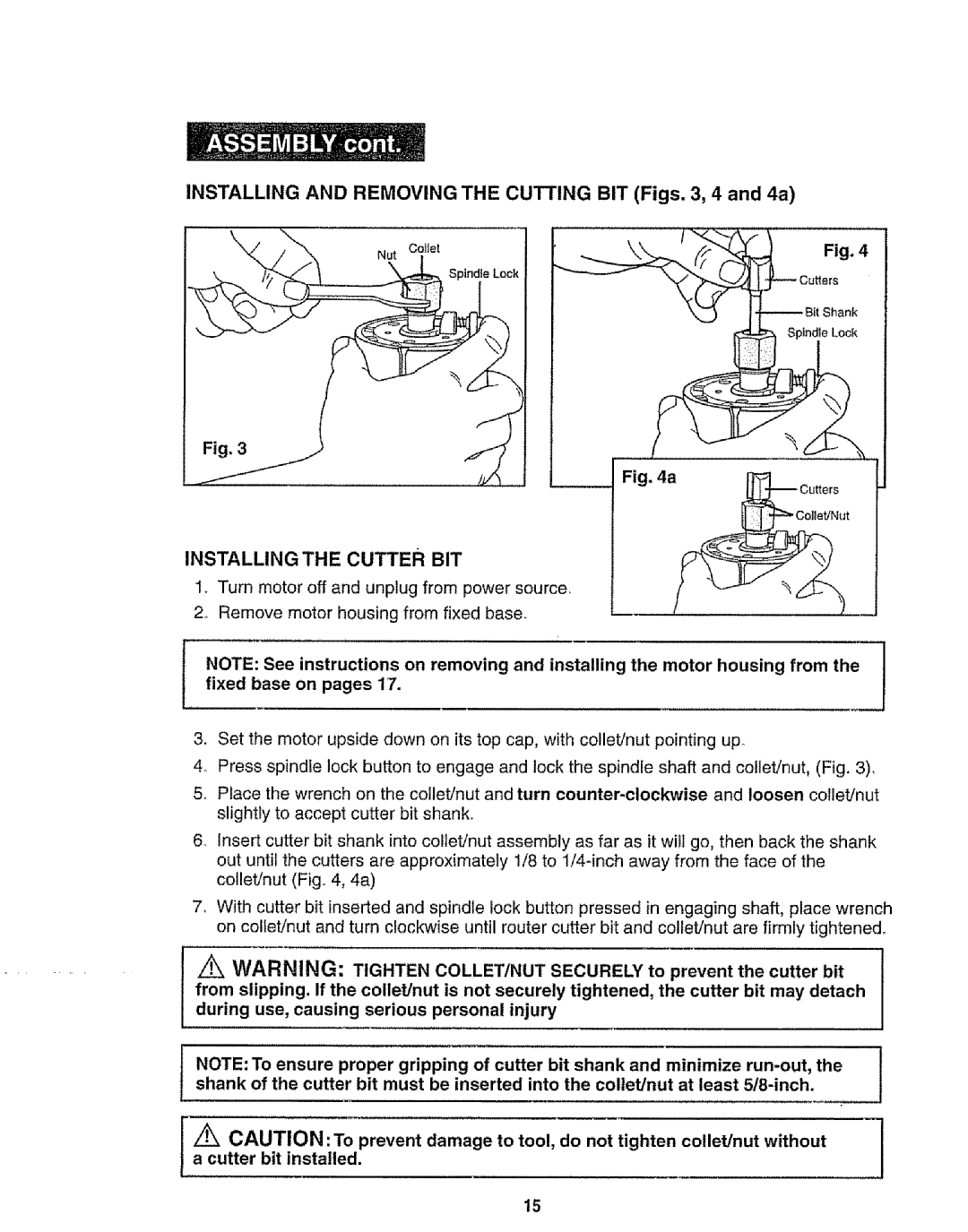 Craftsman 320.17541 Installing and Removing the Cutting BIT Figs , 4 and 4a, Installing the Cutter BIT 