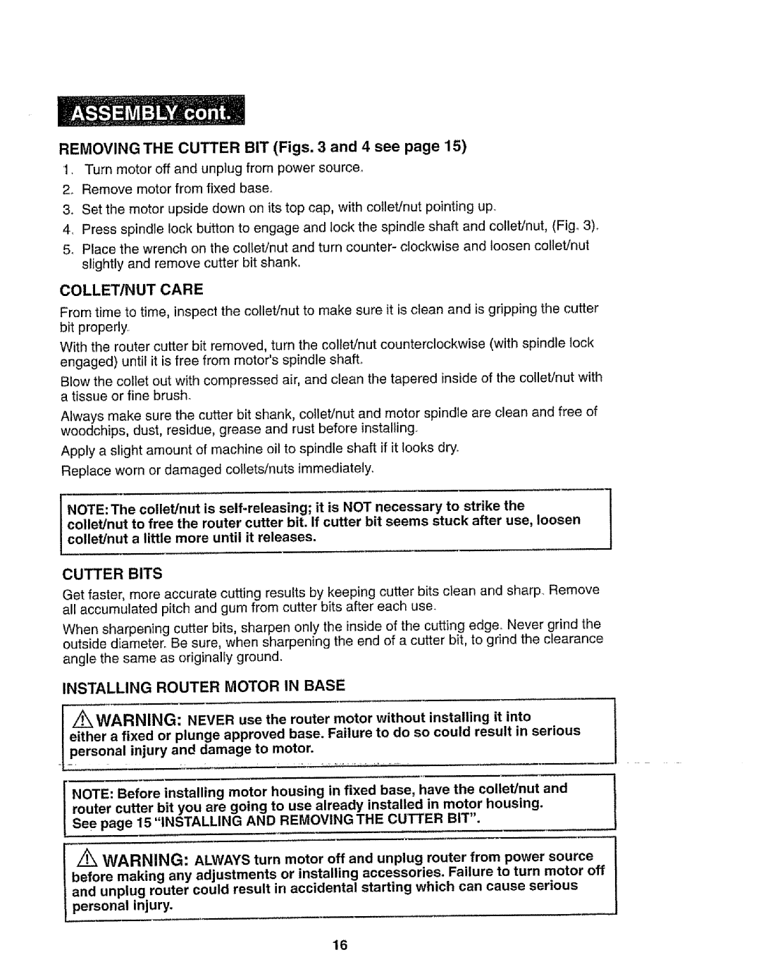 Craftsman 320.17541 operating instructions Installing Router Motor in Base, Removing the Cutter BIT Figs and 4 see 