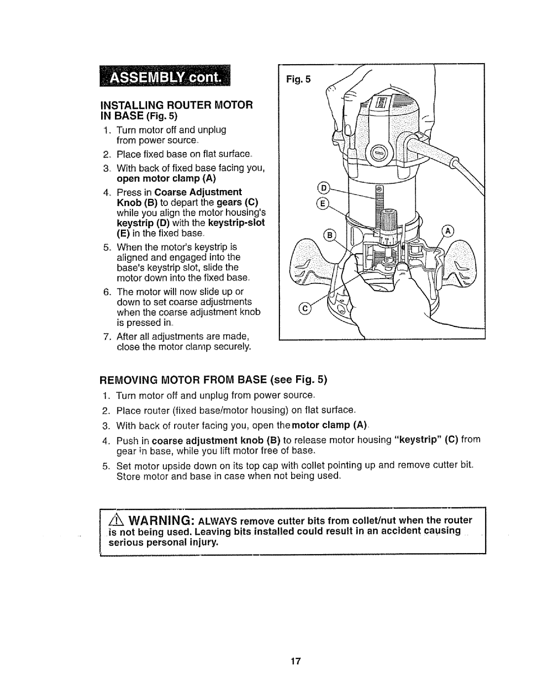 Craftsman 320.17541 operating instructions Base Fig, Removing Motor from Base see Fig, Rious personal injury 