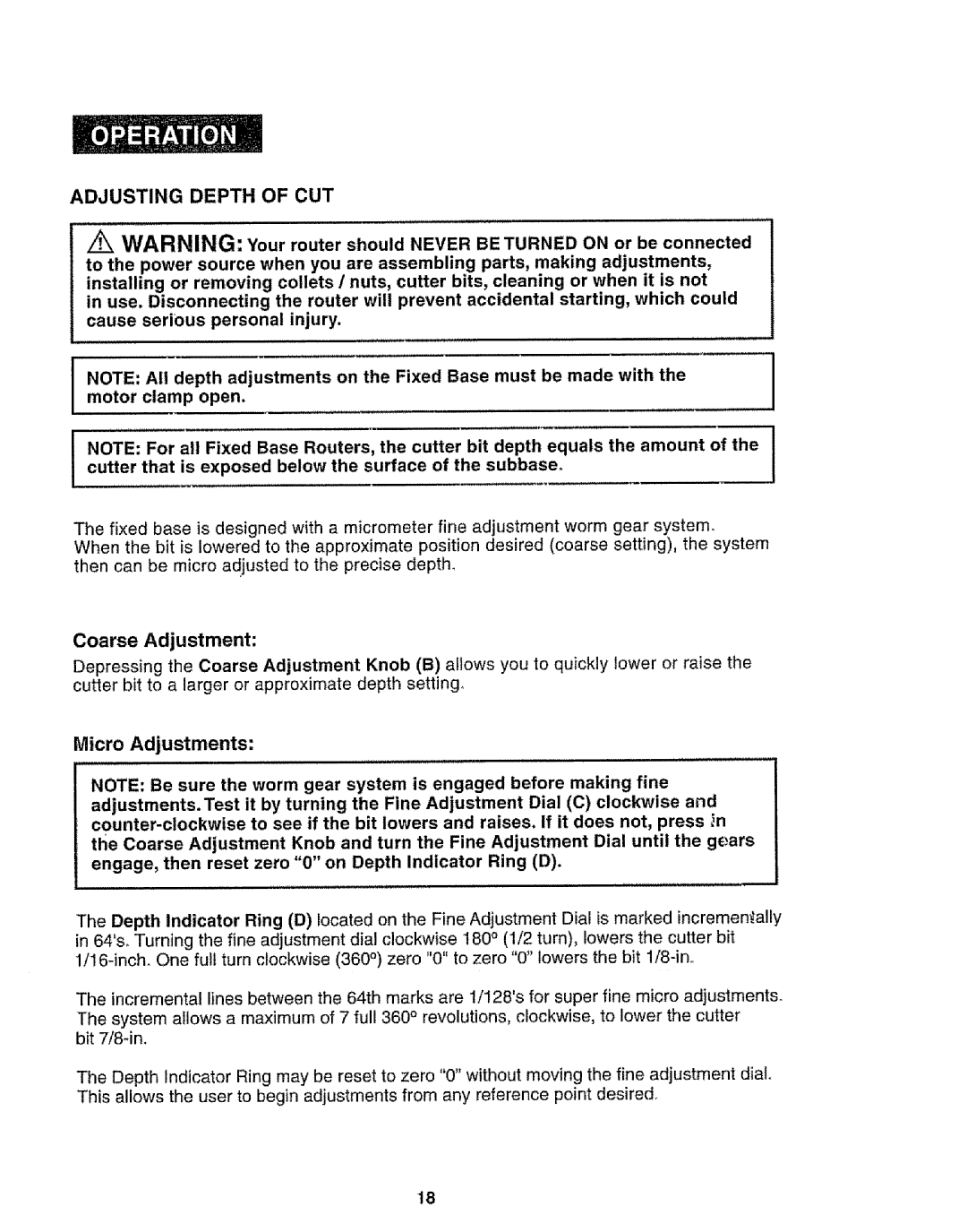 Craftsman 320.17541 operating instructions Adjusting Depth of CUT, Micro Adjustments, Coarse Adjustment 