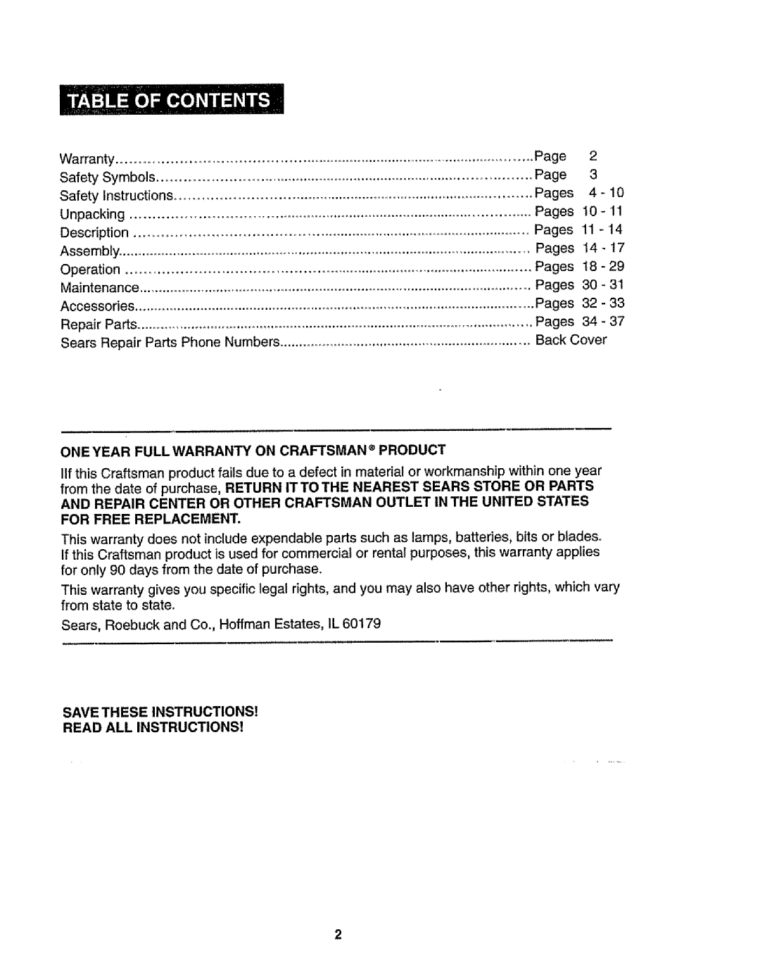 Craftsman 320.17541 operating instructions Oneyear Fullwarranty on Craftsman Product, For Free Replacement 