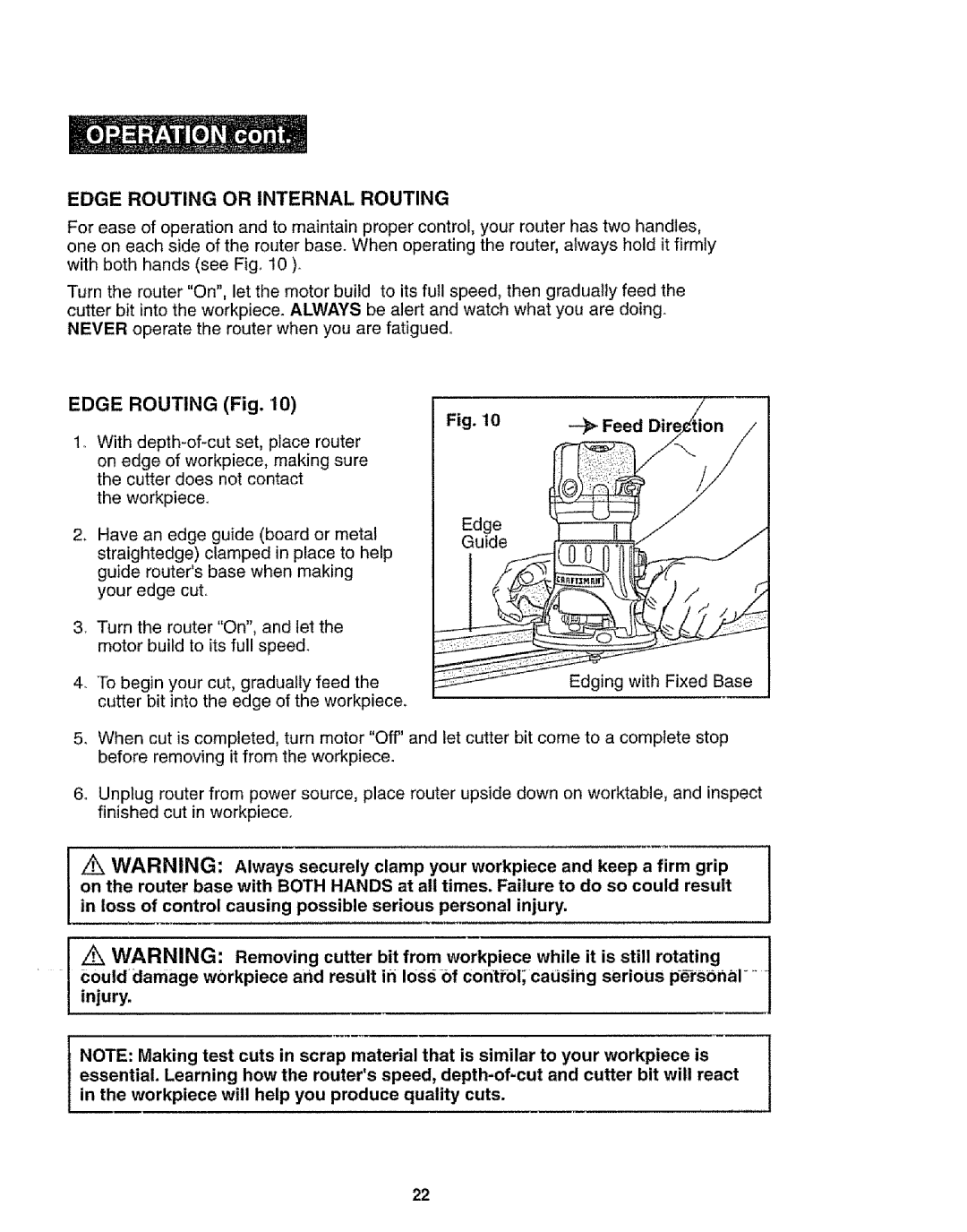 Craftsman 320.17541 operating instructions Edge Routing or Internal Routing, Edge Routing Fig 