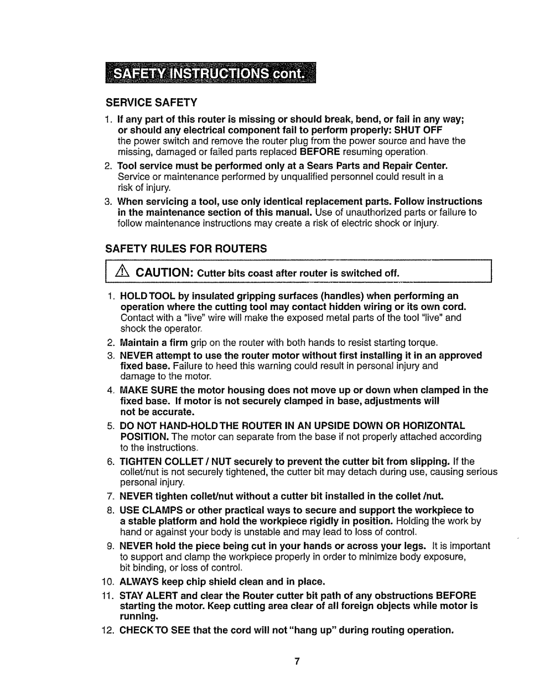 Craftsman 320.17541 Service Safety, Safety Rules for Routers, Do not HAND-HOLDTHE Router in AN Upside Down or Horizontal 