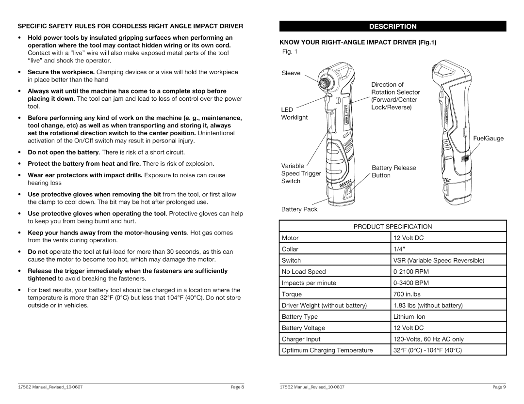 Craftsman 320.17562 warranty Know Your RIGHT-ANGLE Impact Driver Fig.l, Tightened to avoid breaking the fasteners 