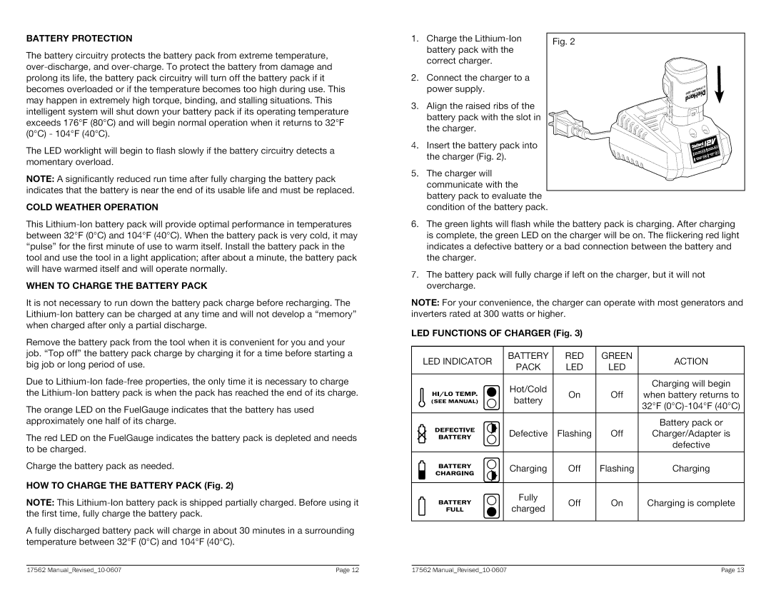 Craftsman 320.17562 warranty Insert the battery pack into the charger Fig, Battery Protection, Cold Weather Operation 