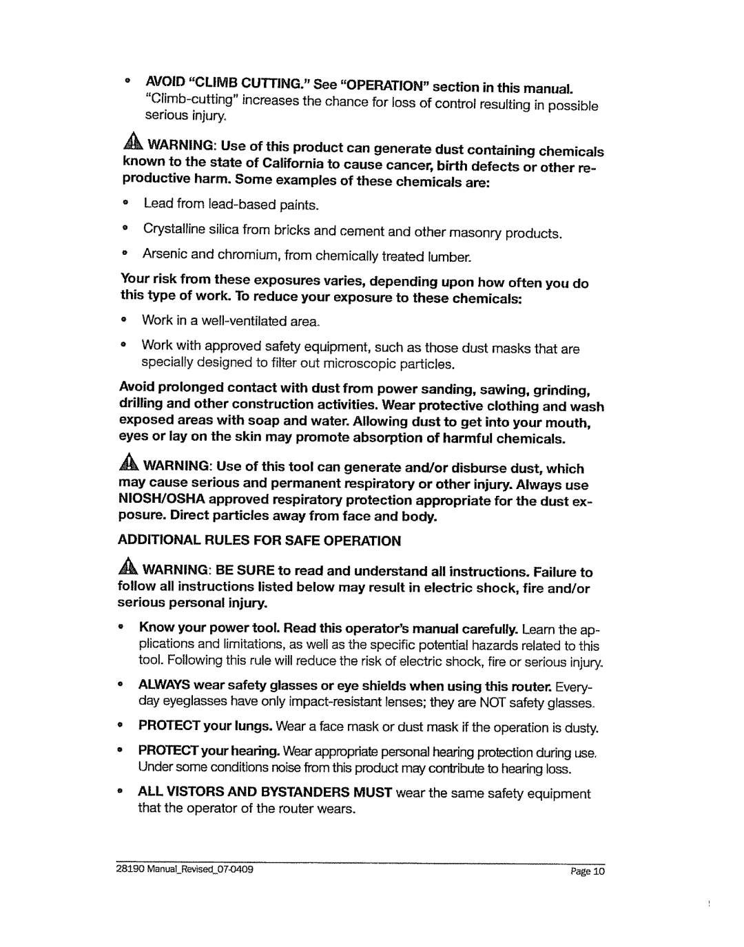 Craftsman 320.2819 Avoid Climb CUTTING. See Operation section in this manual, Additional Rules for Safe Operation 