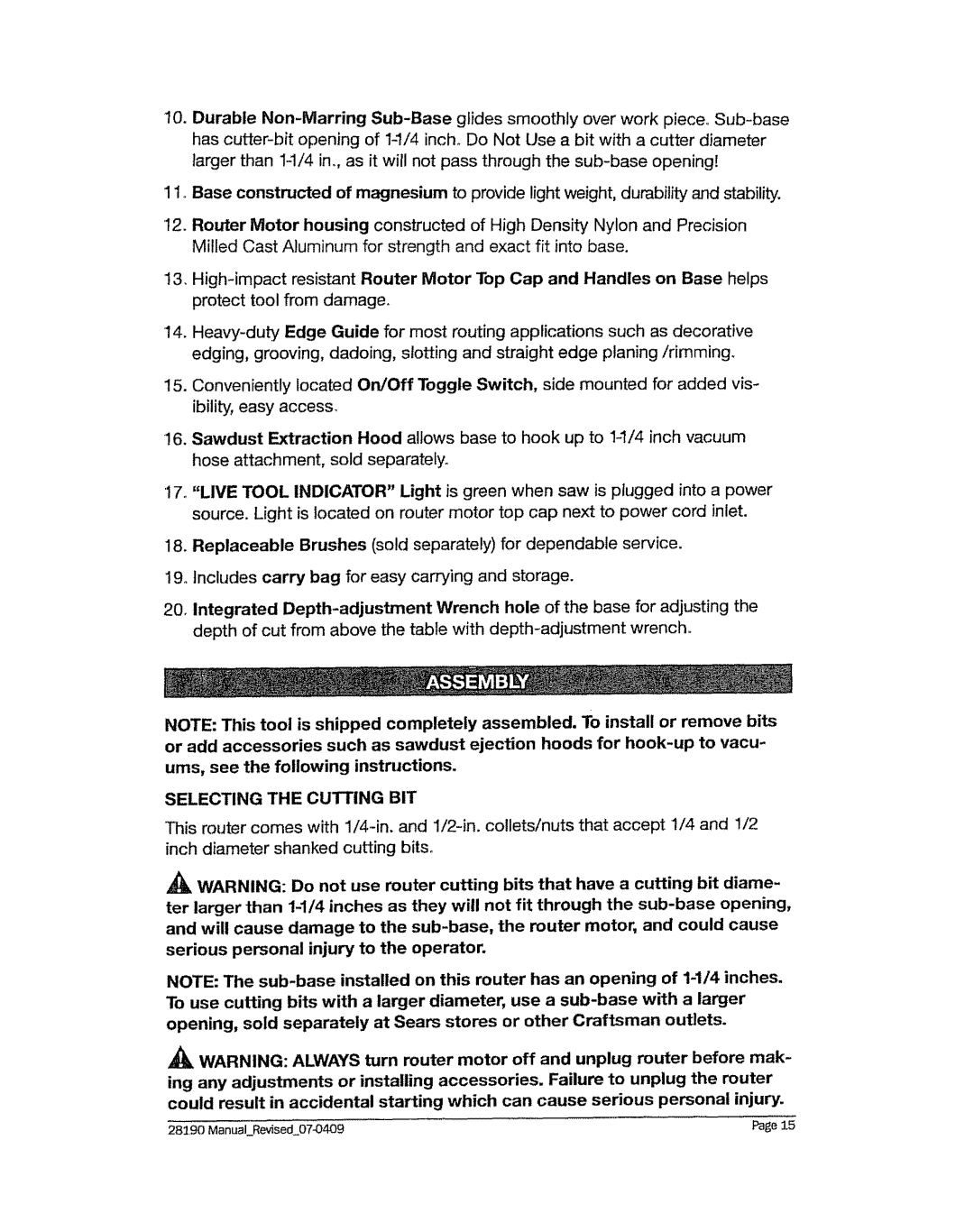 Craftsman 320.2819 operating instructions Selecting the Cutting BIT 