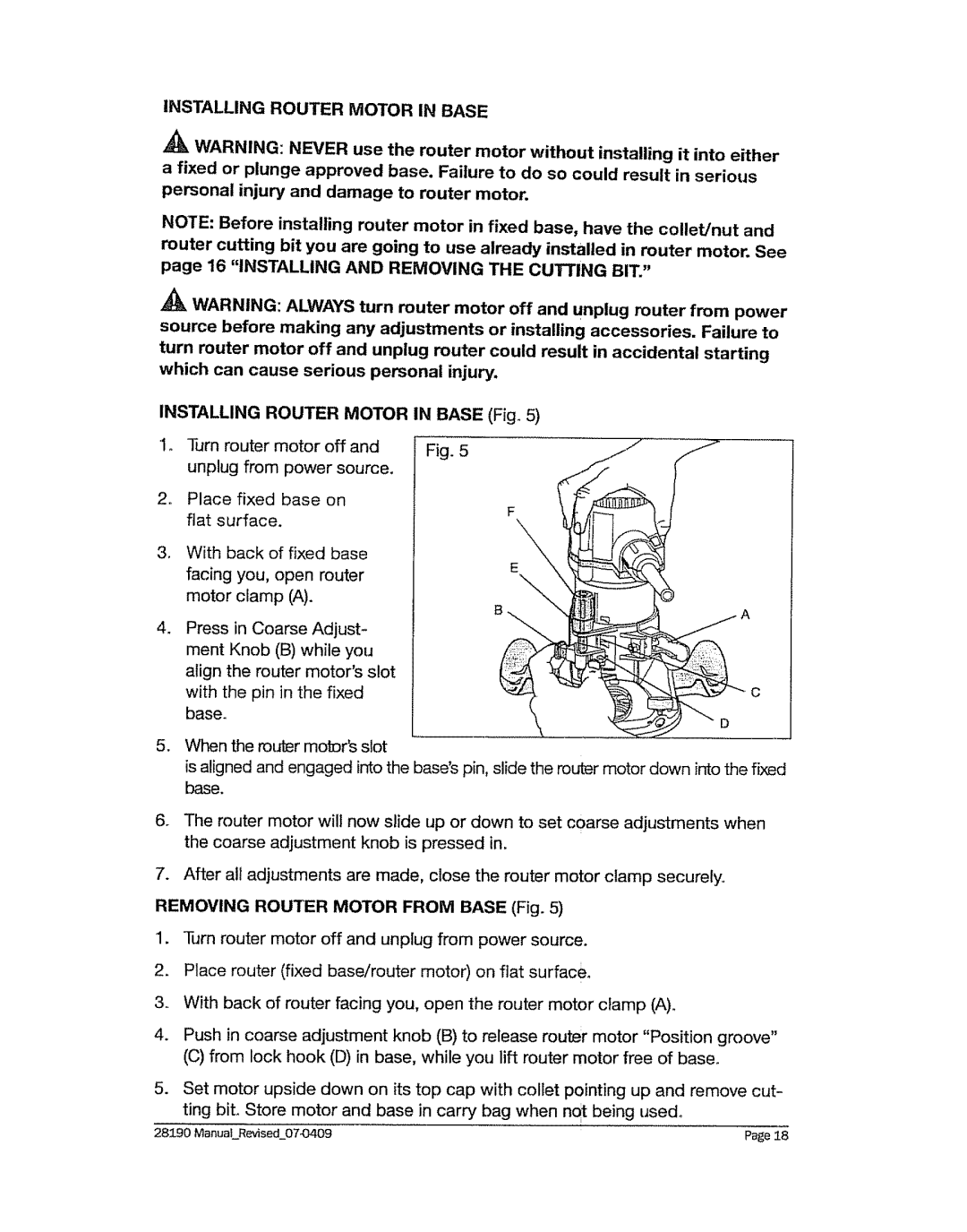 Craftsman 320.2819 operating instructions Installing Router Motor in Base 