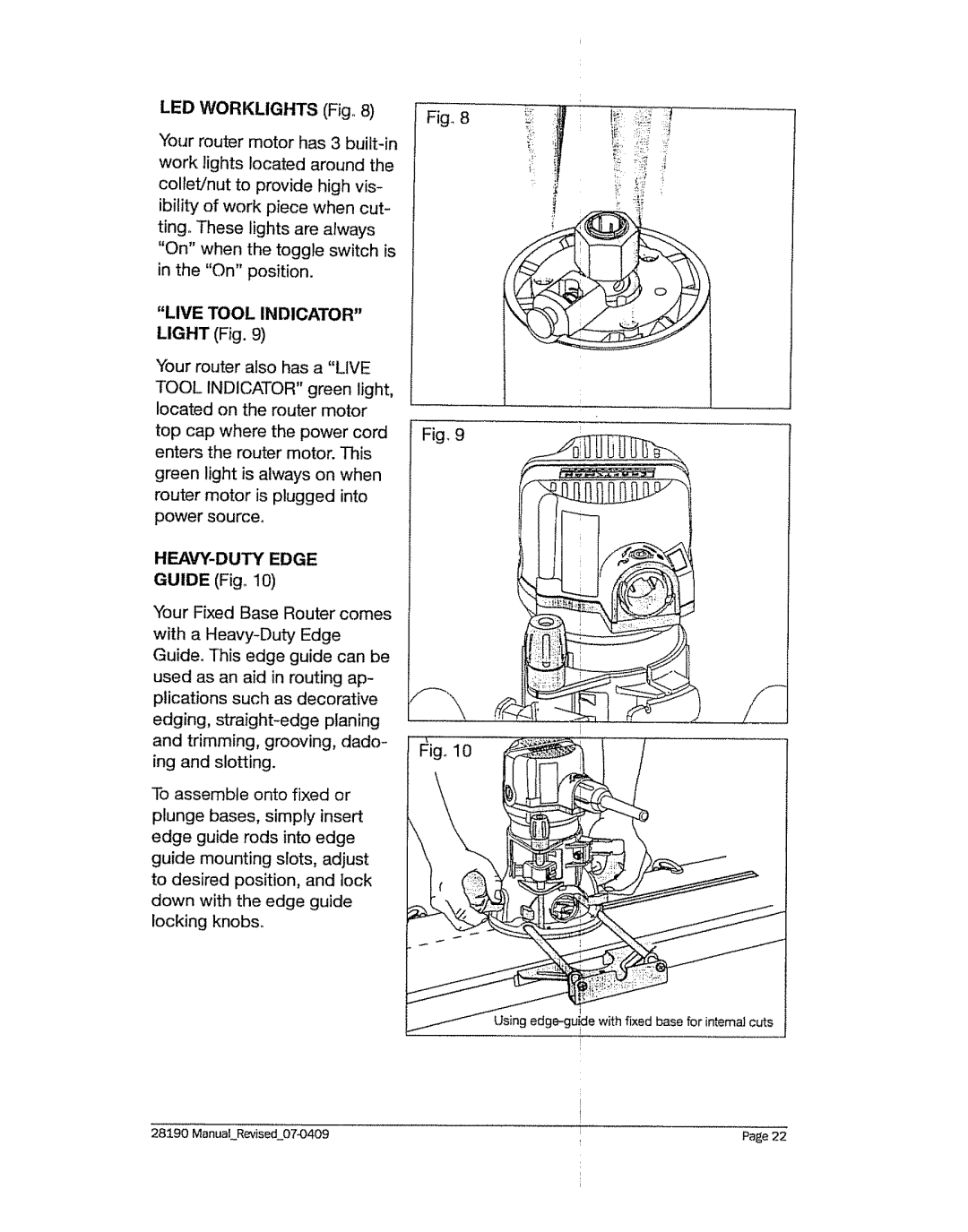 Craftsman 320.2819 operating instructions LED Worklights Fig, Live Tool Indicator, HEAVY-DUTY Edge, Guide Fig 